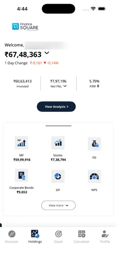 Finance Square wealth management home screen with portfolio summary and market overview