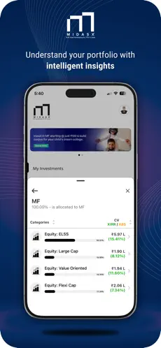 Midasx market insights screen with fund category trends and performance comparison