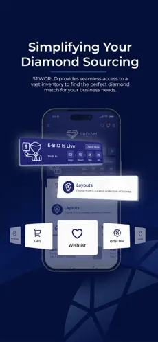 SJWorld B2B diamond sourcing app home screen with catalogue navigation on iPhone
