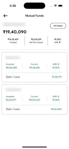 Investment analytics screen with returns, XIRR, and risk metrics for Vijya Capital